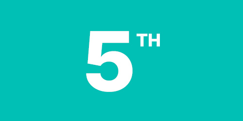 the figure fifth in white font against a bright aqua background.